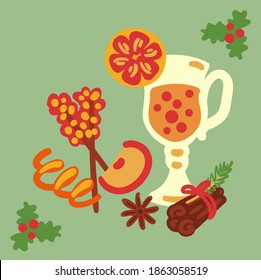 Mulled wine hand drawn Christmas drink. Hot drink in glass, anise stars, cinnamon, fir branches, apple, orange slices, candy. Vector illustration in flat cartoon style isolated on green background.
