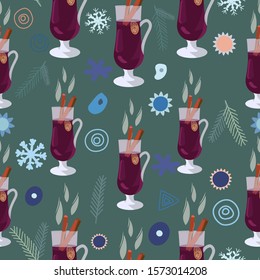 Mulled wine hand drawn holiday composition with decorations. Seamless pattern on green background. Festive textile, web, wrapping paper, background fill.