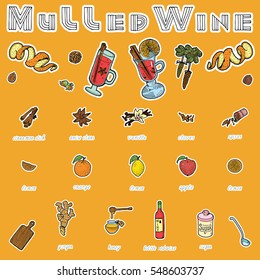 Mulled Wine Hand Drawn Recipe. Winter Hot Drink theme. Vector illustration with text.