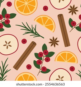 mulled wine holiday festive drink seamless pattern with clove, cinnamon stick, orange, apple, cranberries and rosemary; winter background- vector illustration