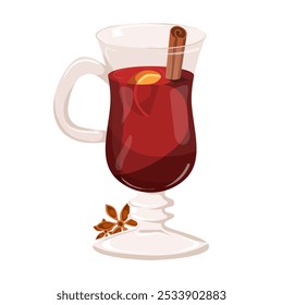 Mulled wine. Hot beverage, glass, cinnamon, spiced drink, holiday, winter, warming, red wine, festive, aromatic, anise, citrus, seasonal, cozy, celebration.