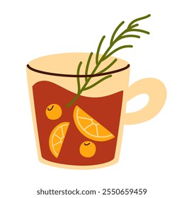 Mulled wine, hot Christmas drink in glass mug. Winter holiday beverage with cinnamon sticks, citrus fruits, spices. Festive gluhwein with cloves. Flat vector illustration isolated on white background