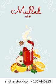Mulled wine or hot christmas punch on frosty blue background. Oranges, apple, cinnamon, anise stars, spiced drink for winter holidays. Vector illustration