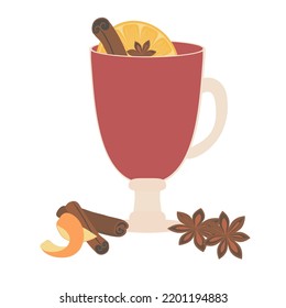 Mulled wine. Hot drink for christmas, autumn. Spiced drink. Cinnamon, anise, orange, ginger. Ginger tea. Vector. Flat illustration.