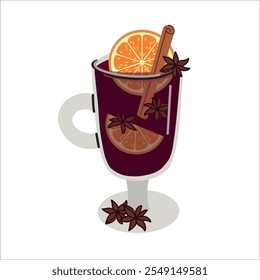 Mulled wine. Hot drink with oranges, cinnamon and star anise. Vector illustration in flat style. White isolated background.
