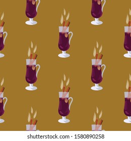 Mulled wine hot drink seamless pattern on mustard background. Festive textile, web, wrapping paper, background fill.