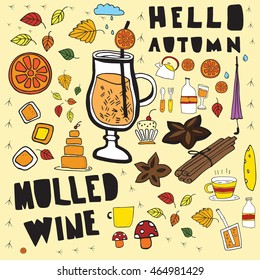 Mulled wine and hot drinks elements. Autumn set. Doodle