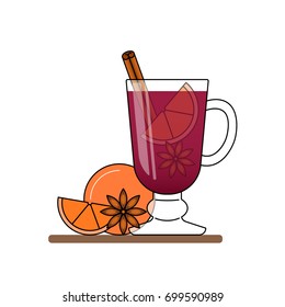 Mulled wine with hot red wine with cinnamon, orange and star anice. Isolated flat line vector illustration of autumn and winter hot alcohol drink. 
