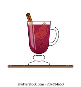 Mulled wine with hot red wine with cinnamon, orange and star anice. Isolated flat line vector illustration of autumn and winter hot alcohol drink. 