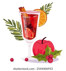 Mulled wine. Hot wine with spices, sometimes adding sugar syrup, honey or citrus fruits. Germany, Austria, Italy, Czech Republic, Switzerland. Elements for Christmas, winter design,menu, banner, card