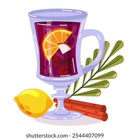 Mulled wine. Hot wine with spices, sometimes adding sugar syrup, honey or citrus fruits. Germany, Austria, Italy, Czech Republic, Switzerland. Elements for Christmas, winter design,menu, banner, card