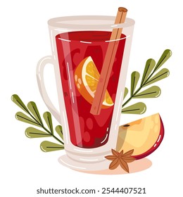 Mulled wine. Hot wine with spices, sometimes adding sugar syrup, honey or citrus fruits. Germany, Austria, Italy, Czech Republic, Switzerland. Elements for Christmas, winter design,menu, banner, card