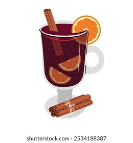 Mulled wine. Hot spicy drink with oranges, cinnamon and badian. Vector illustration in flat style. White isolated background.