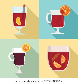 Mulled wine icon set. Flat set of mulled wine vector icons for web design