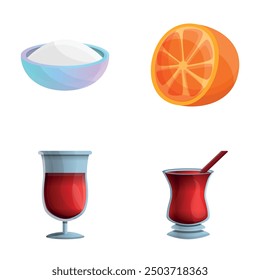 Mulled wine icons set cartoon vector. Hot winter alcohol drink. Delicious beverage