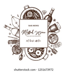 Mulled Wine Illustration. Christmas Menu Design. Vector template with hand drawn hot drinks, spices, herbs, dried fruits. Beverages, food and holiday elements. Top View wreath.

