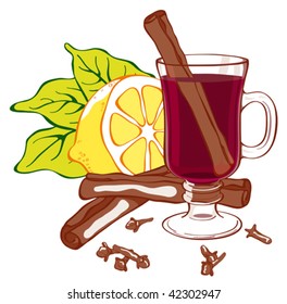 Mulled wine illustration. Easy to edit. Glass, lemon, cloves and cinnamon are all individually grouped on separate layers.