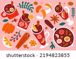 Mulled wine illustrations, punch in glasses and mugs, pot with red wine with citrus, spices and berries. Hot glintwine drink with cinnamon, anise star and orange fruit, hand drawn vector collection