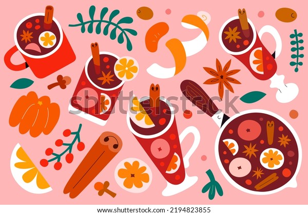 Mulled wine illustrations, punch in glasses
and mugs, pot with red wine with citrus, spices and berries. Hot
glintwine drink with cinnamon, anise star and orange fruit, hand
drawn vector collection