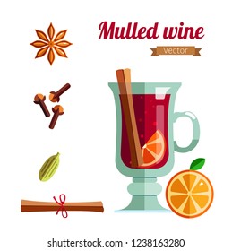  Mulled  wine  infographic concept with ingredients.  Winter season Hot drink . Vector illustration in Flat style. Isolated objects. 