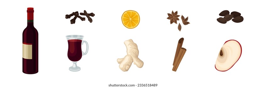 Mulled Wine Ingredient for Cooking Warm Drink Vector Set