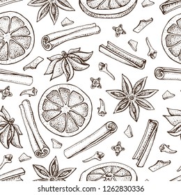 Mulled wine ingredient seamless pattern. Orange, Cinnamon sticks, anise star and cloves. Vector of aromatic spices set. Doodle of spice and flavor. Xmas winter drink