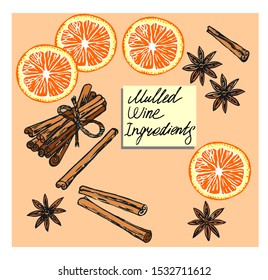 Mulled wine ingredients. Anise, cinnamon, orange. Line art style.