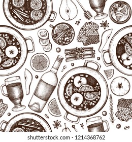 Mulled Wine Ingredients. Christmas Winter Background. Menu design with hand drawn hot drinks, spices, herbs, fruits. Seamless pattern with beverages, food and holiday elements. Top View illustration.