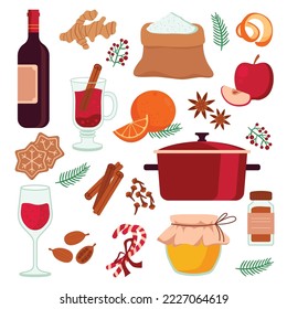 Mulled wine ingredients flat icons set. Hot winter alcohol drink. Cinnamon, honey, ginger, sugar, clove spices, nutmeg, spices and fruits ingredients for cocktail. Color isolated illustration