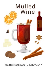 Ingredientes de vino caliente aislados sobre fondo blanco. Tarjeta de cóctel. Cóctel de otoño de Vector.
