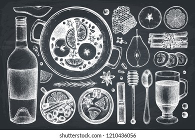 Mulled Wine Ingredients. Merry Christmas Winter Menu. Design template with hand drawn hot drinks, spices, herbs, dried fruits. Beverages, food and holiday elements on chalkboard.