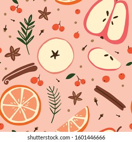 Mulled wine ingredients on a pink background. Design for menu, wallpaper, fabric, wrapping paper or holiday decoration. Vector hand drawn illustration