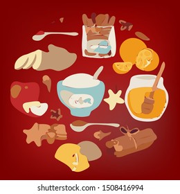Mulled wine ingredients, recipe with glass and ingredients. Cinnamon stick, clove, lemon and orange slice. Isolated on dark red background. Vector color vintage illustration of hot mulled wine.