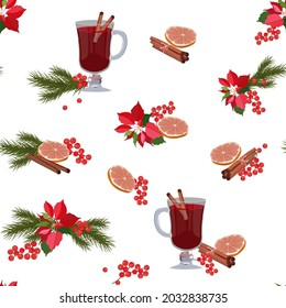 Mulled wine ingredients seamless pattern. Winter hot wine drink with spices, flowers poinsettia and spruce branch isolated on white background. For decoration textiles, packaging.