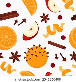 Mulled wine ingredients seamless pattern. Сitrus fruits and spices. Vector print for packaging, fabric, wallpaper.