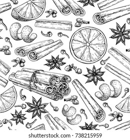 Mulled wine ingredients seamless pattern. Cinnamon stick tied bunch, anise star, orange, cloves. Vector drawing Hand drawn sketch Seasonal food background. Engraved spice and flavor object. Xmas drink