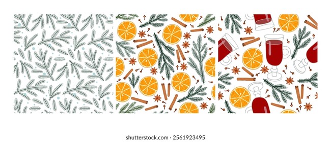 Mulled wine ingredients seamless patterns. Winter hot wine drink with spices print set. Mulled wine recipe background with Orange fruit slice, cinnamon, anise, clove, decorative fir-tree branch. 