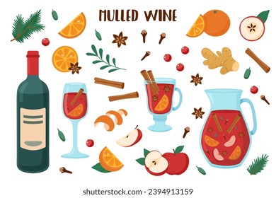 Mulled wine ingredients. Mulled wine set. Bottle, cup, flute and decanter of mulled wine with oranges, apples, ginger, anise, cardamon and cinnamon sticks. 