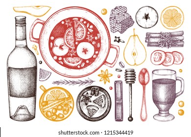 Mulled Wine Ingredients Set. Christmas Menu Design. Vector collection of hand drawn hot drinks, spices, herbs, dried fruits. Beverages, food and holiday elements illustration. 