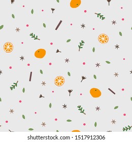 Mulled Wine Ingredients Set Cold Season Winter Seamless Pattern. Orange, Herbs, Spice, Cinnamon, Cloves, Aniseed Berry Cute Simple Vector Postcard Graphic Design Paper Cutout Letters Geometric Print