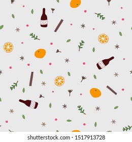 Mulled Wine Ingredients Set Cold Season Winter Seamless Pattern. Orange, Herbs, Spice, Cinnamon, Cloves, Aniseed Berry Cute Simple Vector Postcard Graphic Design Paper Cutout Letters Geometric Print