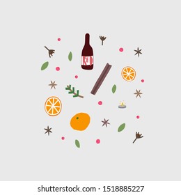 Mulled Wine Ingredients Set Cold Season Winter Illustration. Orange, Herbs, Spice, Cinnamon, Cloves, Aniseed Berry Cute Simple Vector Postcard Graphic Design Paper Cutout Letters Geometric Style Print