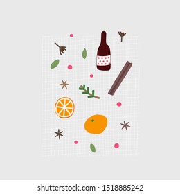 Mulled Wine Ingredients Set Cold Season Winter Illustration. Orange, Herbs, Spice, Cinnamon, Cloves, Aniseed Berry Cute Simple Vector Postcard Graphic Design Paper Cutout Letters Geometric Style Print