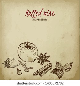 Mulled wine ingredients sketch vector illustration on old paper background. Cinnamon stick, clove, apple with mint leaves and strawberry. Vintage drawning of hot mulled wine.