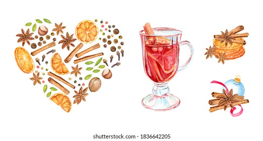 Mulled wine ingredients. Watercolor hand drawn elements for design.