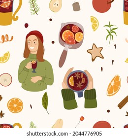 Mulled wine ingridients seamless pattern. Warm drink design elements.