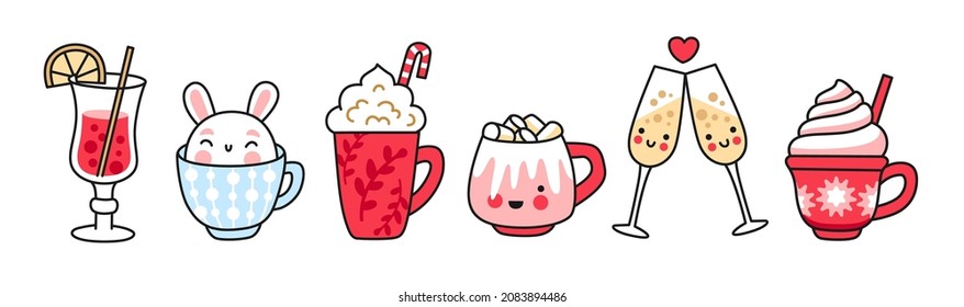 Mulled wine, irish coffee with whipped cream, latte with marshmallows, cacao drinks. Collection of traditional hot winter beverages. Vector isolated colored illustration for menu, print, postcard.