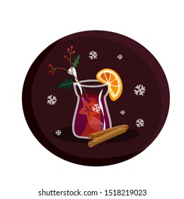 Mulled wine isolated on dark background. Hot drink in glass carafe, anise stars, cinnamon, ilex branches, orange slices. Beverage and christmas holiday elements. Vector illustration in flat style