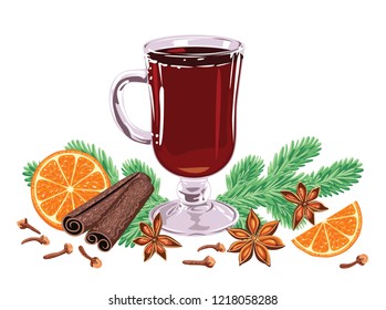 Mulled wine isolated on white background. Hot drink in glass, anise stars, cinnamon, fir branches, fir branches, orange slices, cloves. Vector illustration in flat cartoon style.