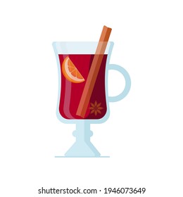 Mulled wine isolated on white background. Hot drink in glass, anise star, cinnamon stick, orange slices. Vector illustration in flat cartoon style